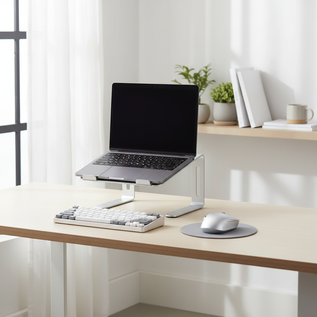 A sleek, silver aluminum laptop stand positioned on a minimalist wooden desk, elevating a modern laptop to eye level with an external mechanical keyboard and a wireless mouse in a bright home office setting.