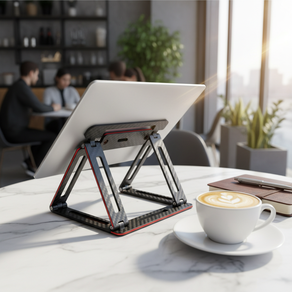 A close-up shot of a portable, foldable laptop stand made of lightweight carbon fiber, being used on a marble table in a sunny cafe next to a latte and a notepad.