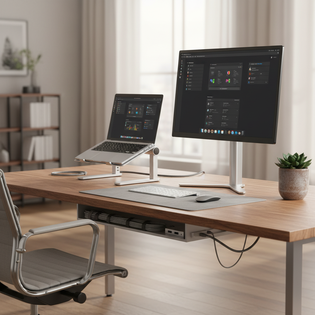 An ergonomic workstation featuring an adjustable-height laptop stand paired with a secondary 27-inch monitor, showcasing clean cable management and a small succulent plant in the background.