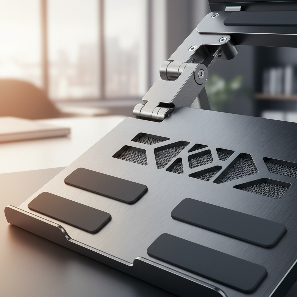 A detailed macro view of a high-end laptop stand's cooling vents and non-slip silicone pads, highlighting the premium metallic texture and sturdy hinge mechanism.