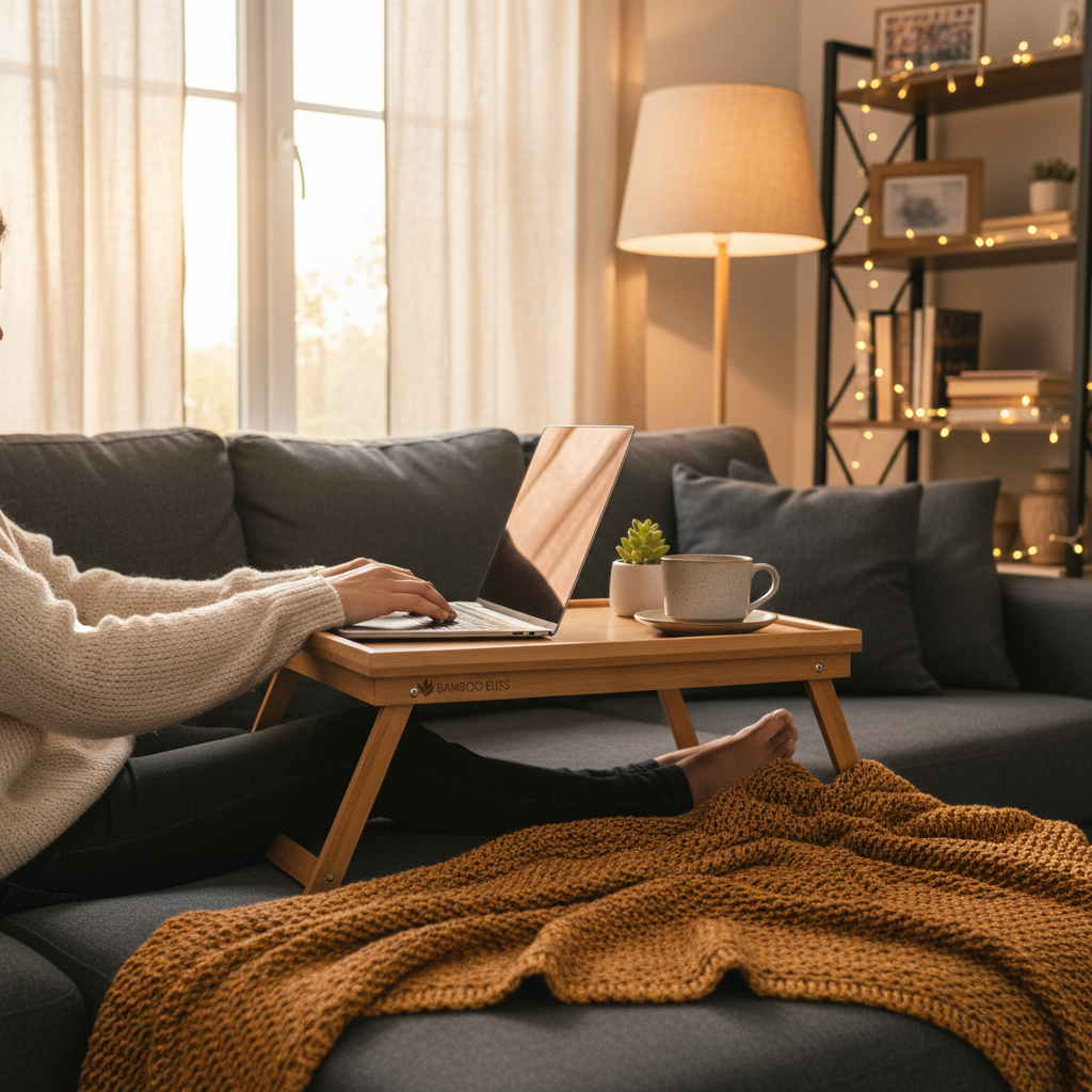 A lifestyle photo of a bamboo laptop bed tray being used on a cozy grey sofa, with a soft blanket and warm ambient lighting creating a comfortable remote work environment.